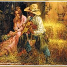 ALT="cowboy singing to girl with flowers"