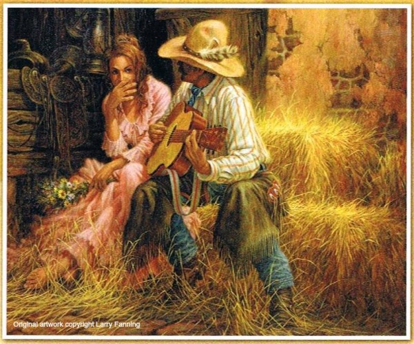 ALT="cowboy singing to girl with flowers"